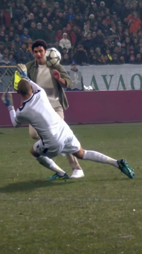 Our AI-generated player in casual clothes lifting the ball past the goalkeeper