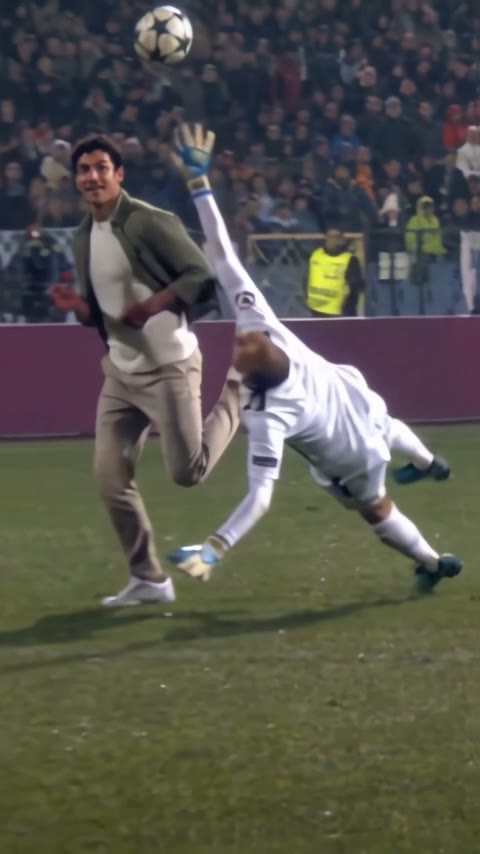 The player lifting the ball above the diving goalkeeper in our own generated video